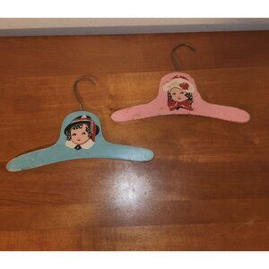 Vintage Childs Wood Hangers With Cute Girl Illustrations - Pink & Blue - 12.5"